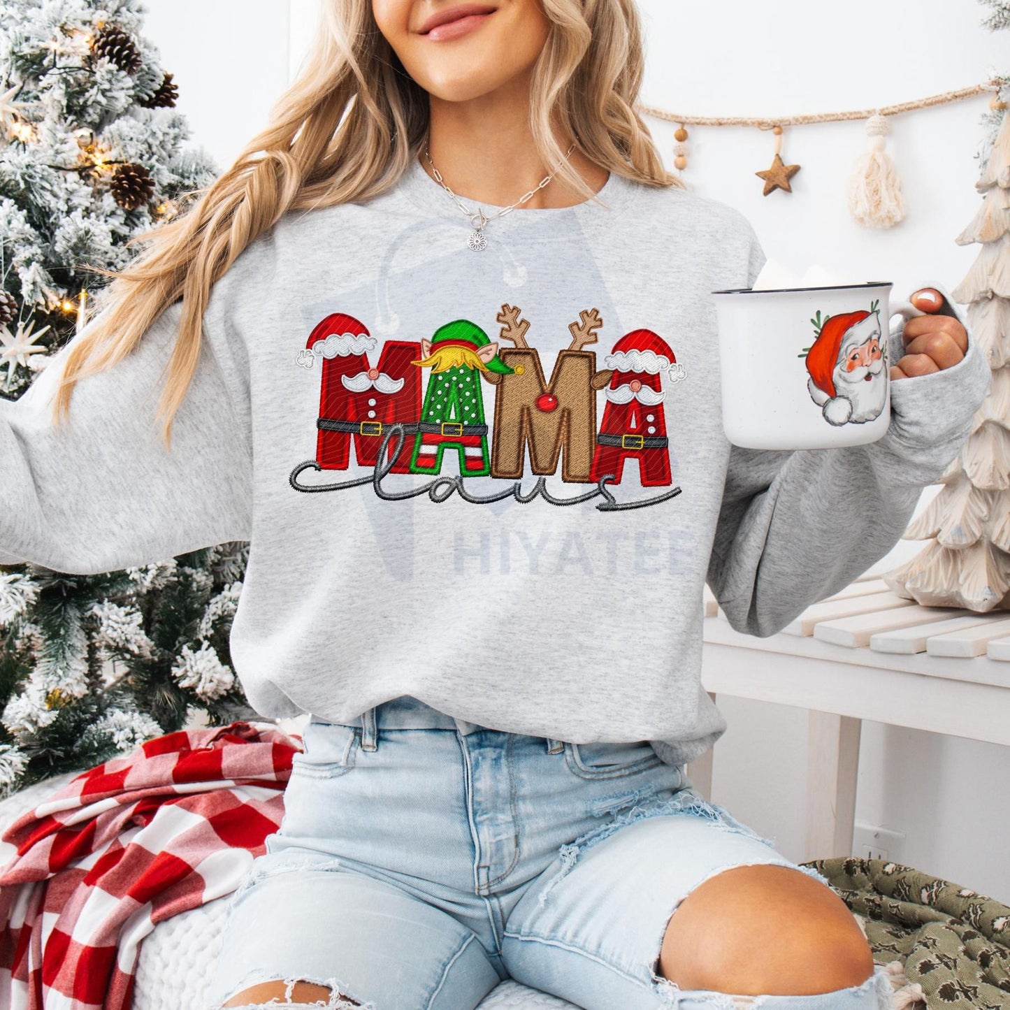 Unisex Faux Embroidery Santa Claus Sweatshirt – Vintage Holiday Pullover, Cozy Christmas Gift