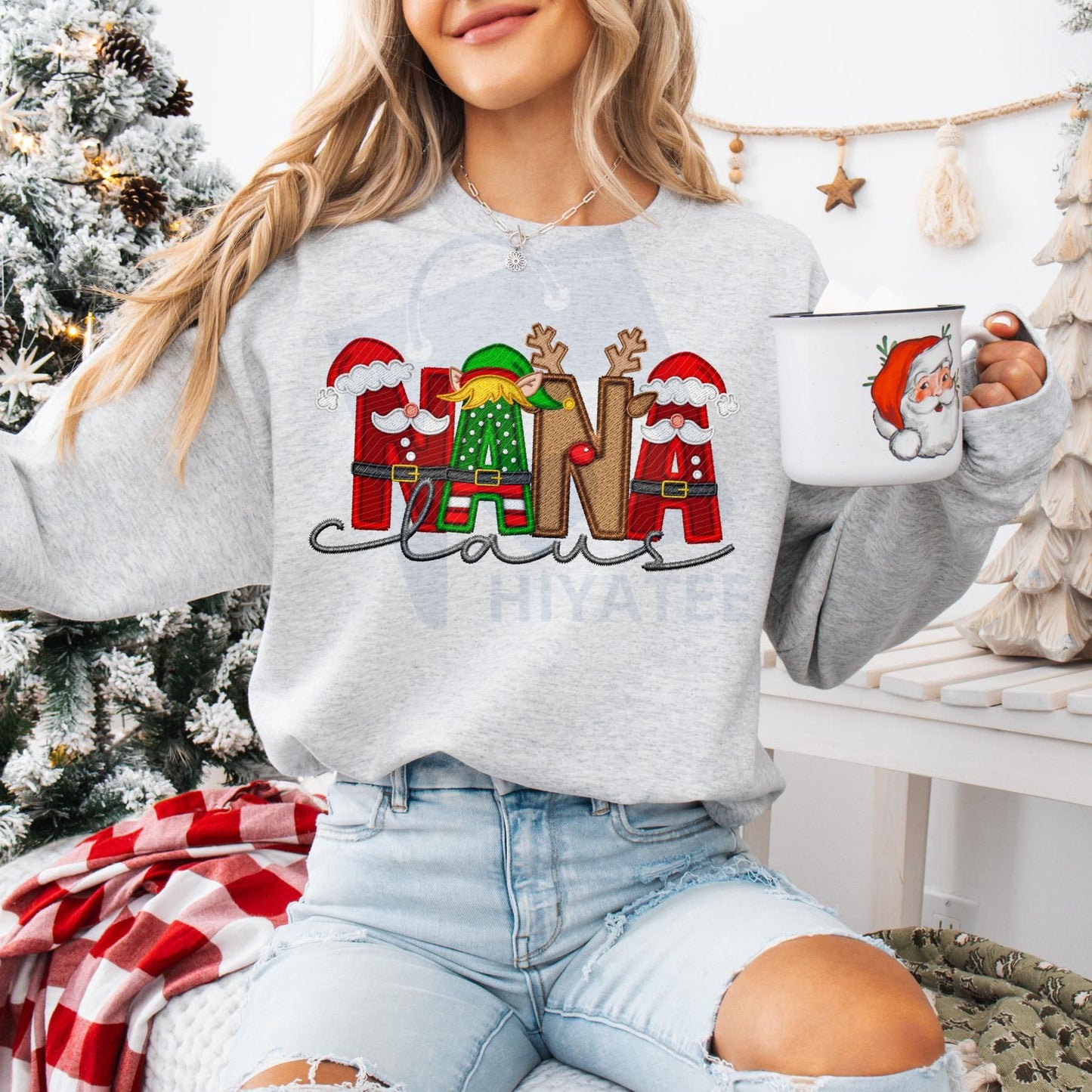 Unisex Faux Embroidery Santa Claus Sweatshirt – Vintage Holiday Pullover, Cozy Christmas Gift