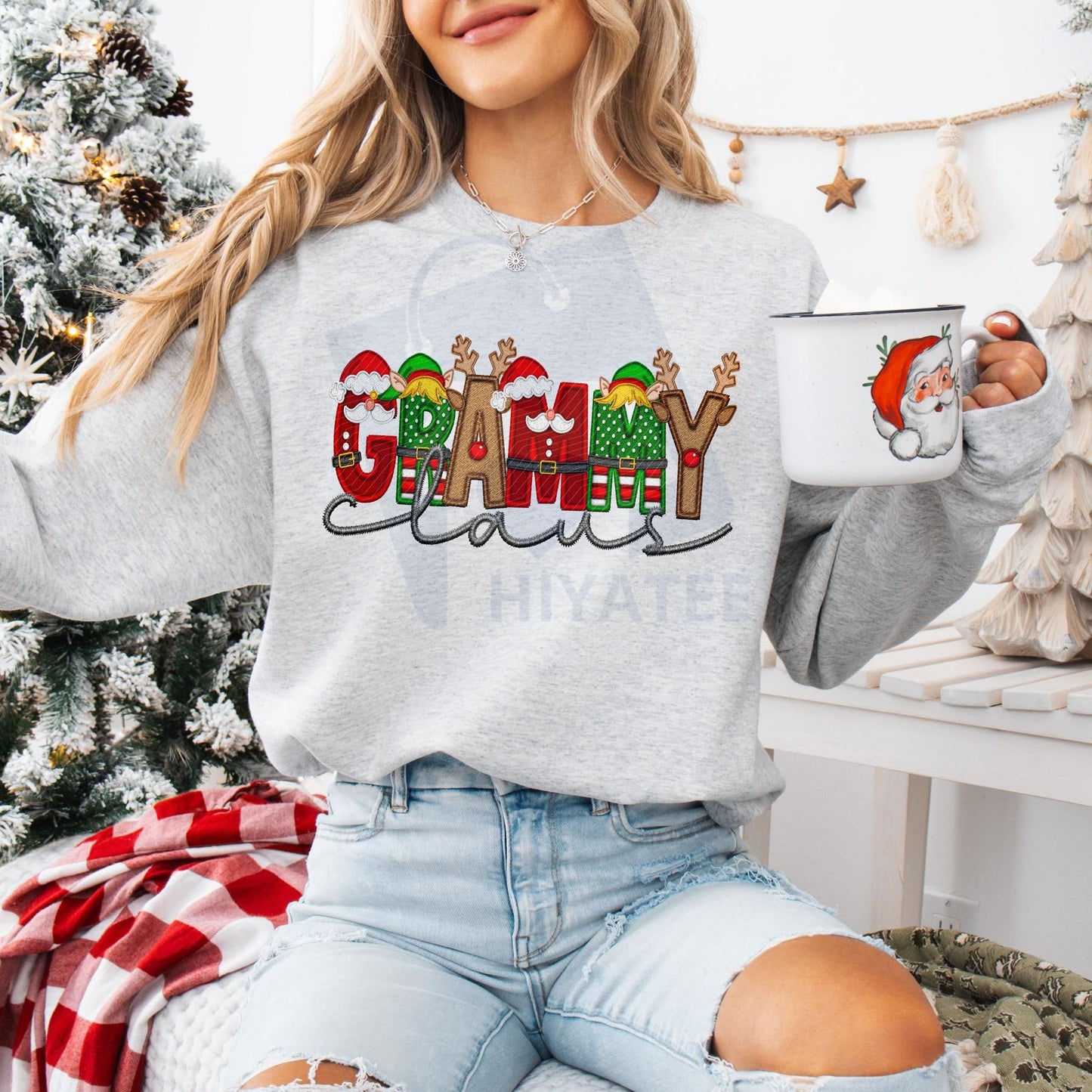 Unisex Faux Embroidery Santa Claus Sweatshirt – Vintage Holiday Pullover, Cozy Christmas Gift