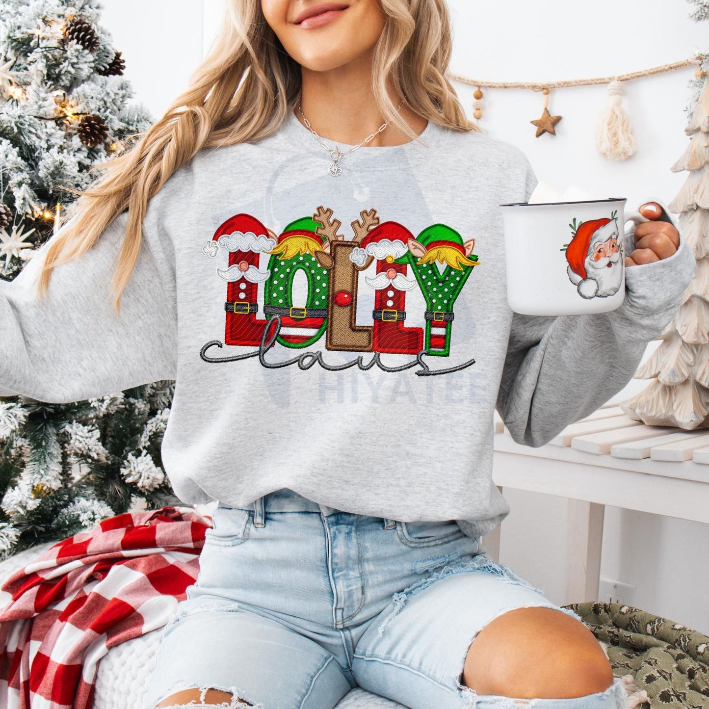 Unisex Faux Embroidery Santa Claus Sweatshirt – Vintage Holiday Pullover, Cozy Christmas Gift