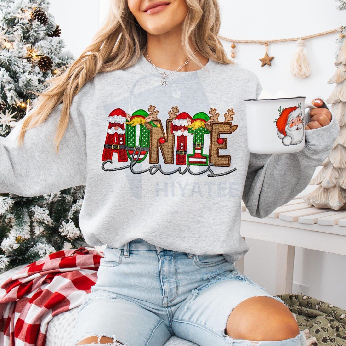 Unisex Faux Embroidery Santa Claus Sweatshirt – Vintage Holiday Pullover, Cozy Christmas Gift