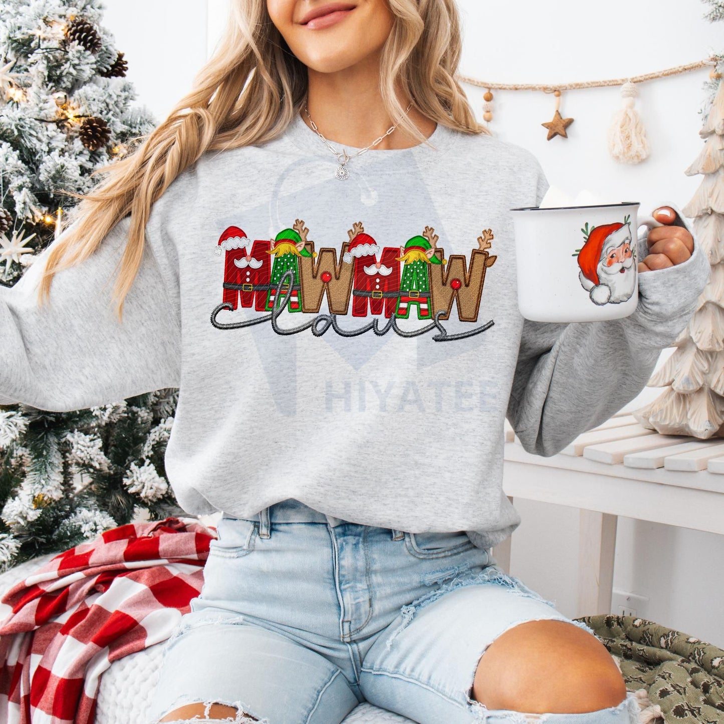 Unisex Faux Embroidery Santa Claus Sweatshirt – Vintage Holiday Pullover, Cozy Christmas Gift