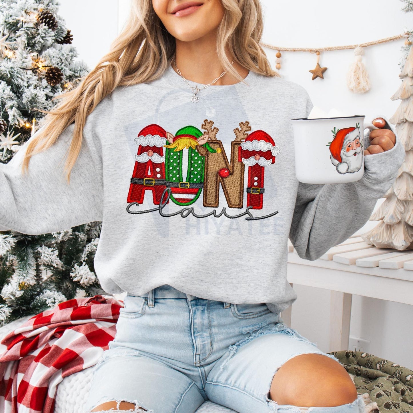 Unisex Faux Embroidery Santa Claus Sweatshirt – Vintage Holiday Pullover, Cozy Christmas Gift