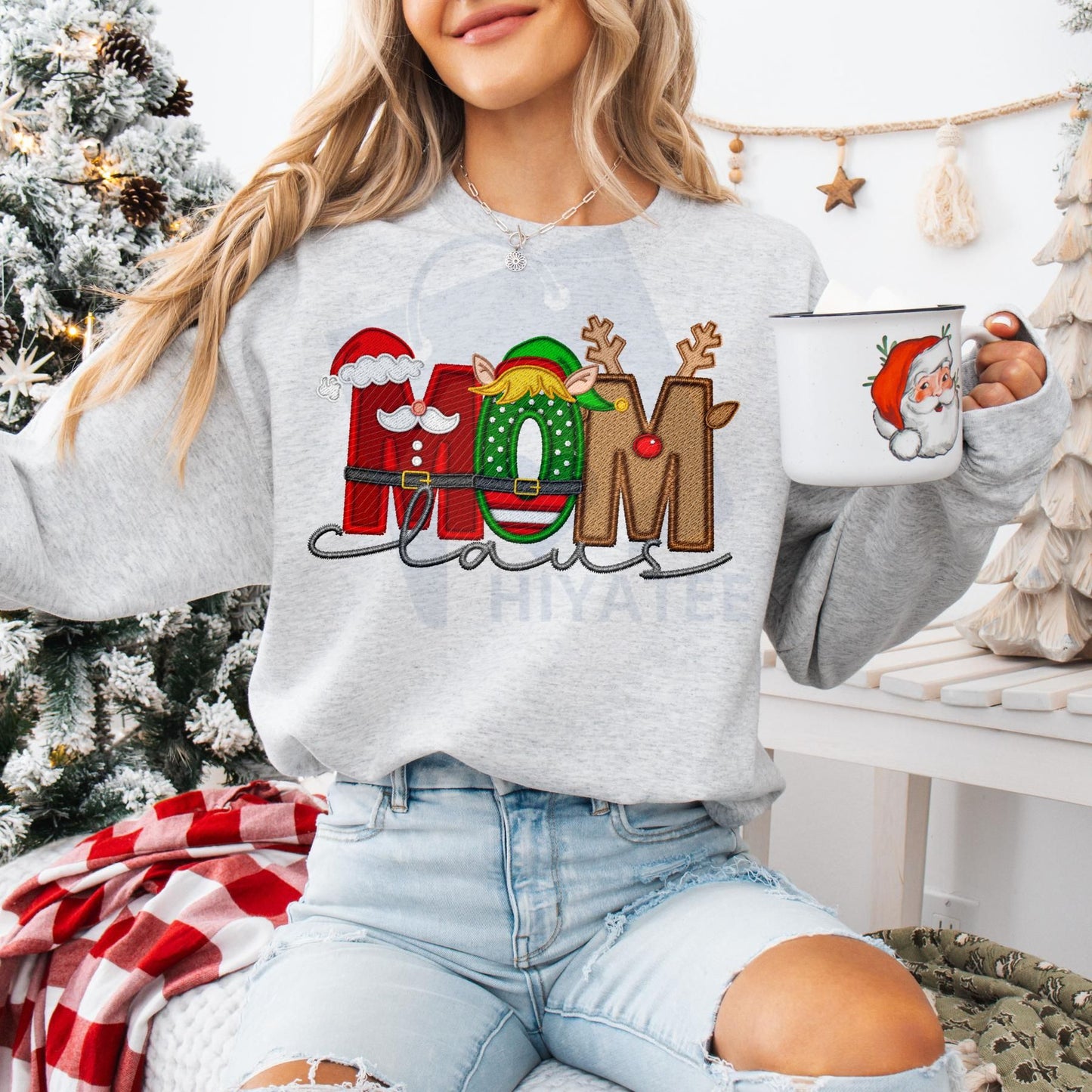 Unisex Faux Embroidery Santa Claus Sweatshirt – Vintage Holiday Pullover, Cozy Christmas Gift