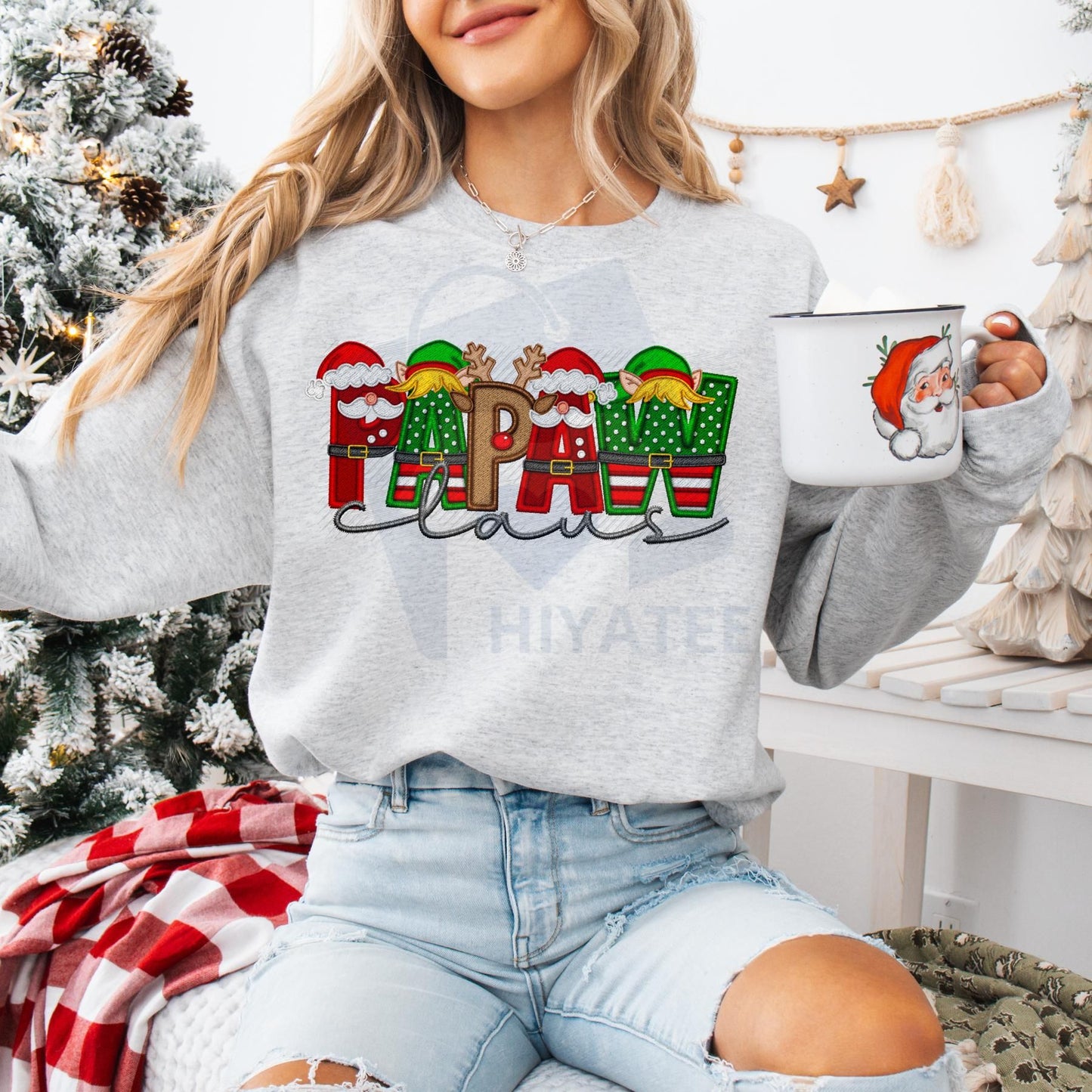 Unisex Faux Embroidery Santa Claus Sweatshirt – Vintage Holiday Pullover, Cozy Christmas Gift