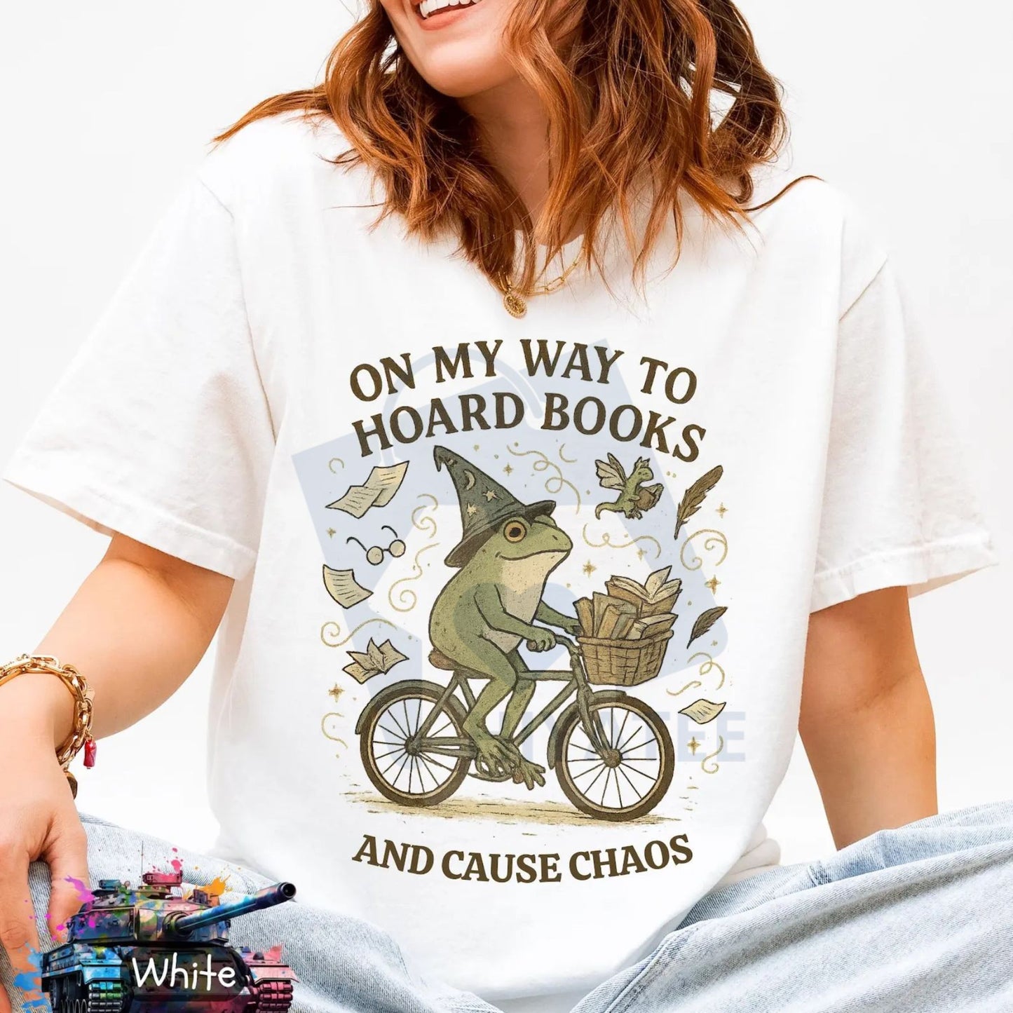 "On My Way To Hoard Books And Cause Chaos" T-Shirt – Tom Foolery Frog Tee, Funny Cottagecore Cozy Shirt
