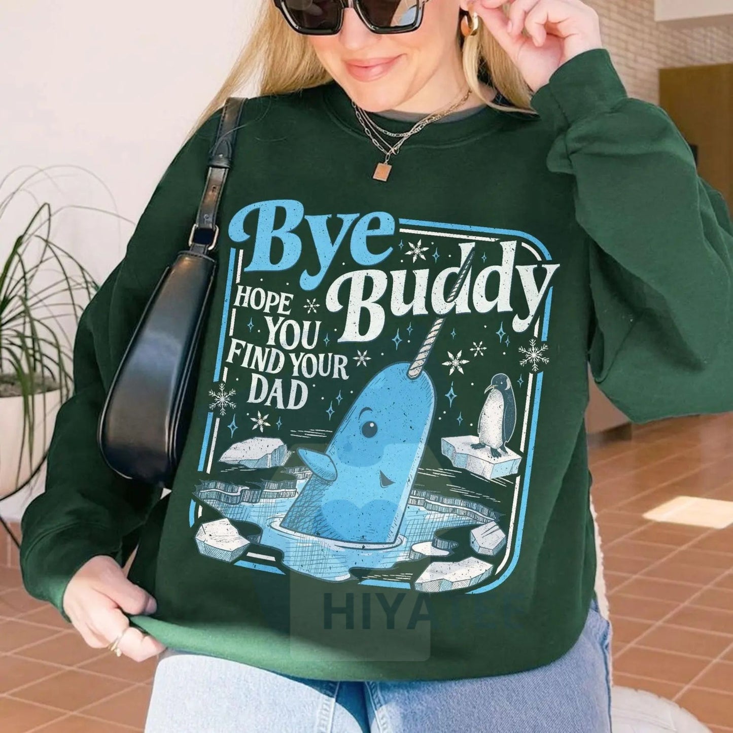 "Bye Buddy Hope You Find Your Dad" Sweatshirt: Funny Elf Movie Quote Crewneck, Christmas Comedy Pullover, Unisex Holiday Gift