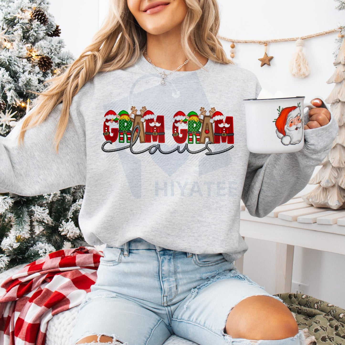 Unisex Faux Embroidery Santa Claus Sweatshirt – Vintage Holiday Pullover, Cozy Christmas Gift