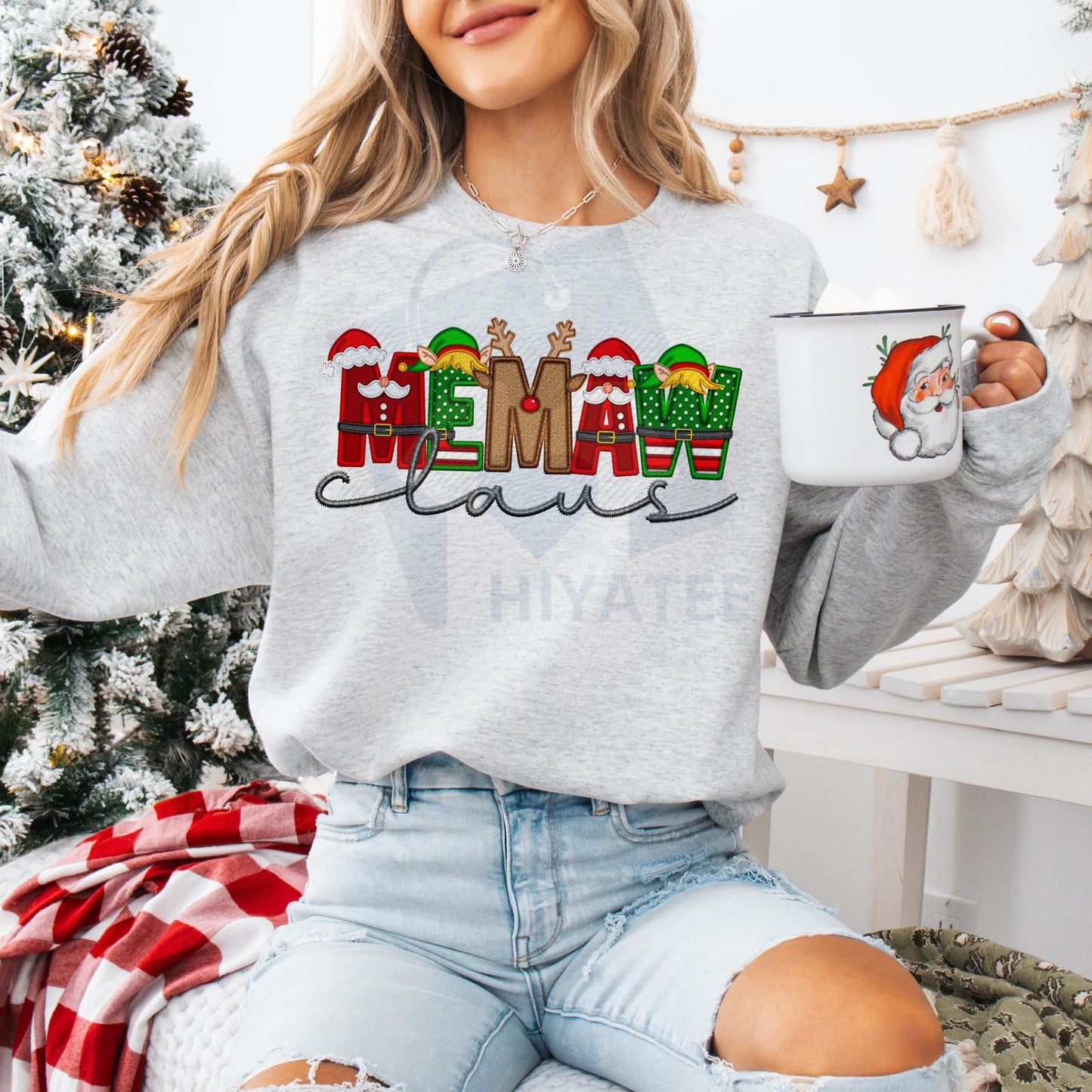 Unisex Faux Embroidery Santa Claus Sweatshirt – Vintage Holiday Pullover, Cozy Christmas Gift