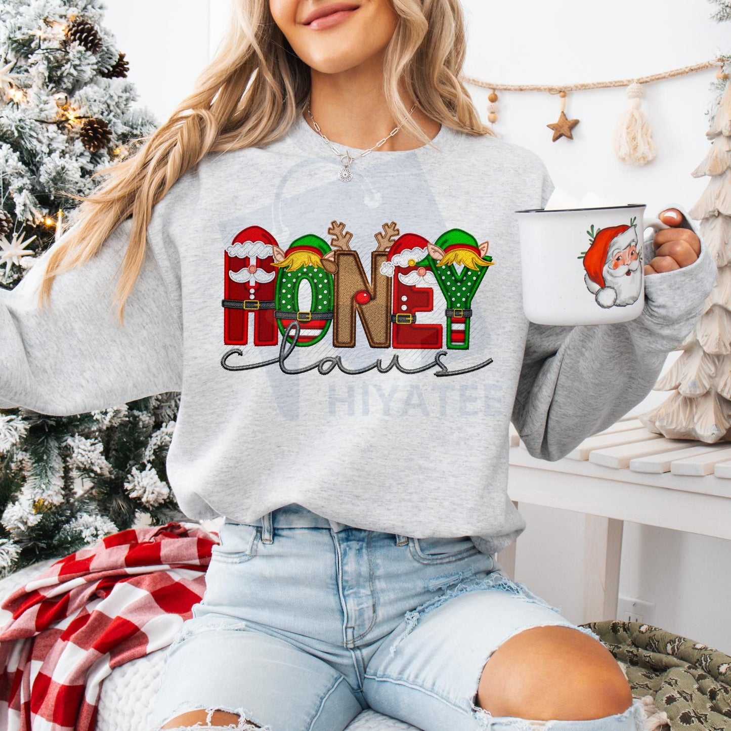 Unisex Faux Embroidery Santa Claus Sweatshirt – Vintage Holiday Pullover, Cozy Christmas Gift