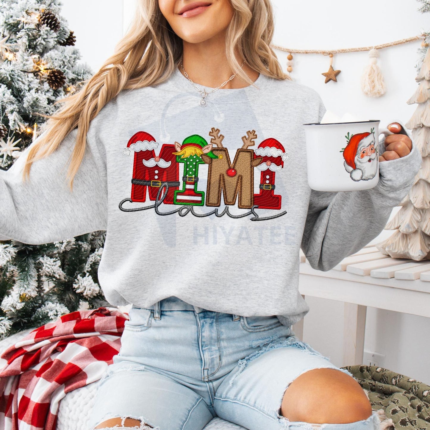 Unisex Faux Embroidery Santa Claus Sweatshirt – Vintage Holiday Pullover, Cozy Christmas Gift