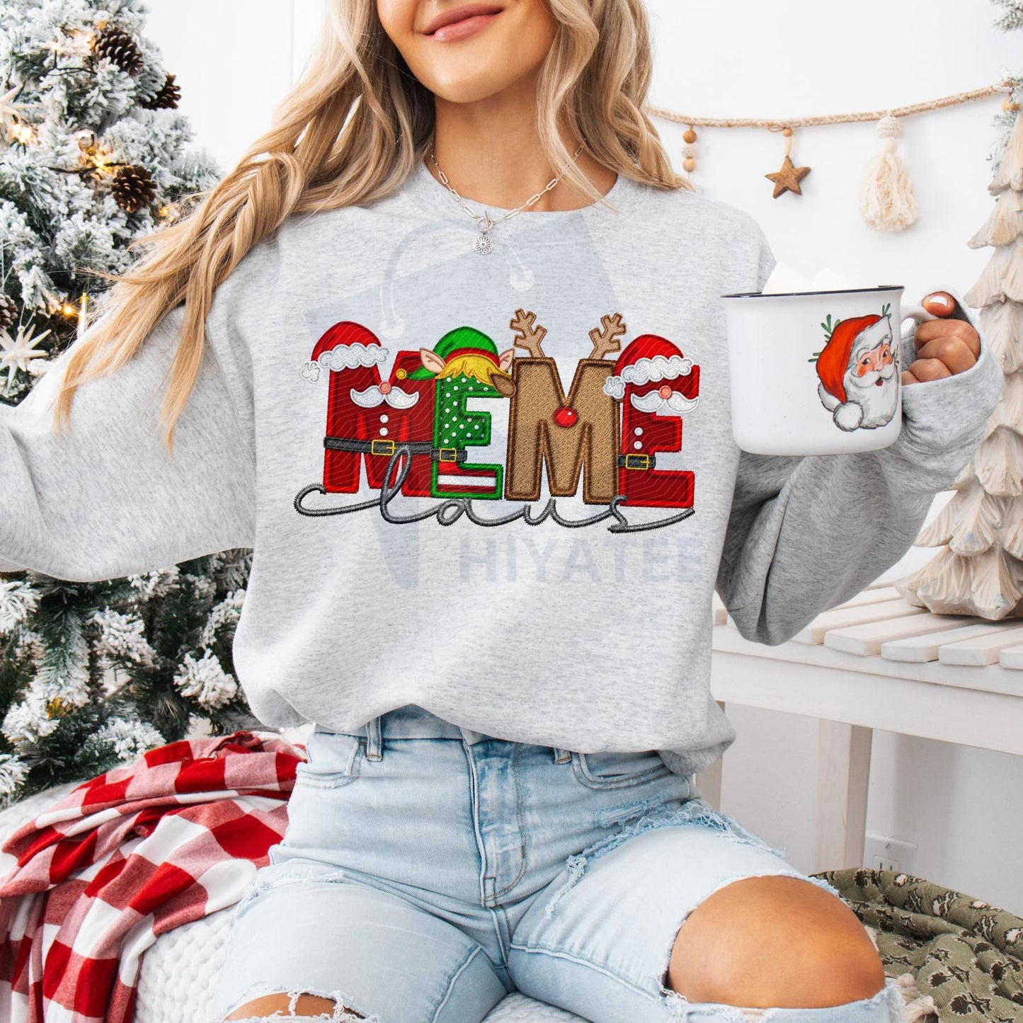 Unisex Faux Embroidery Santa Claus Sweatshirt – Vintage Holiday Pullover, Cozy Christmas Gift