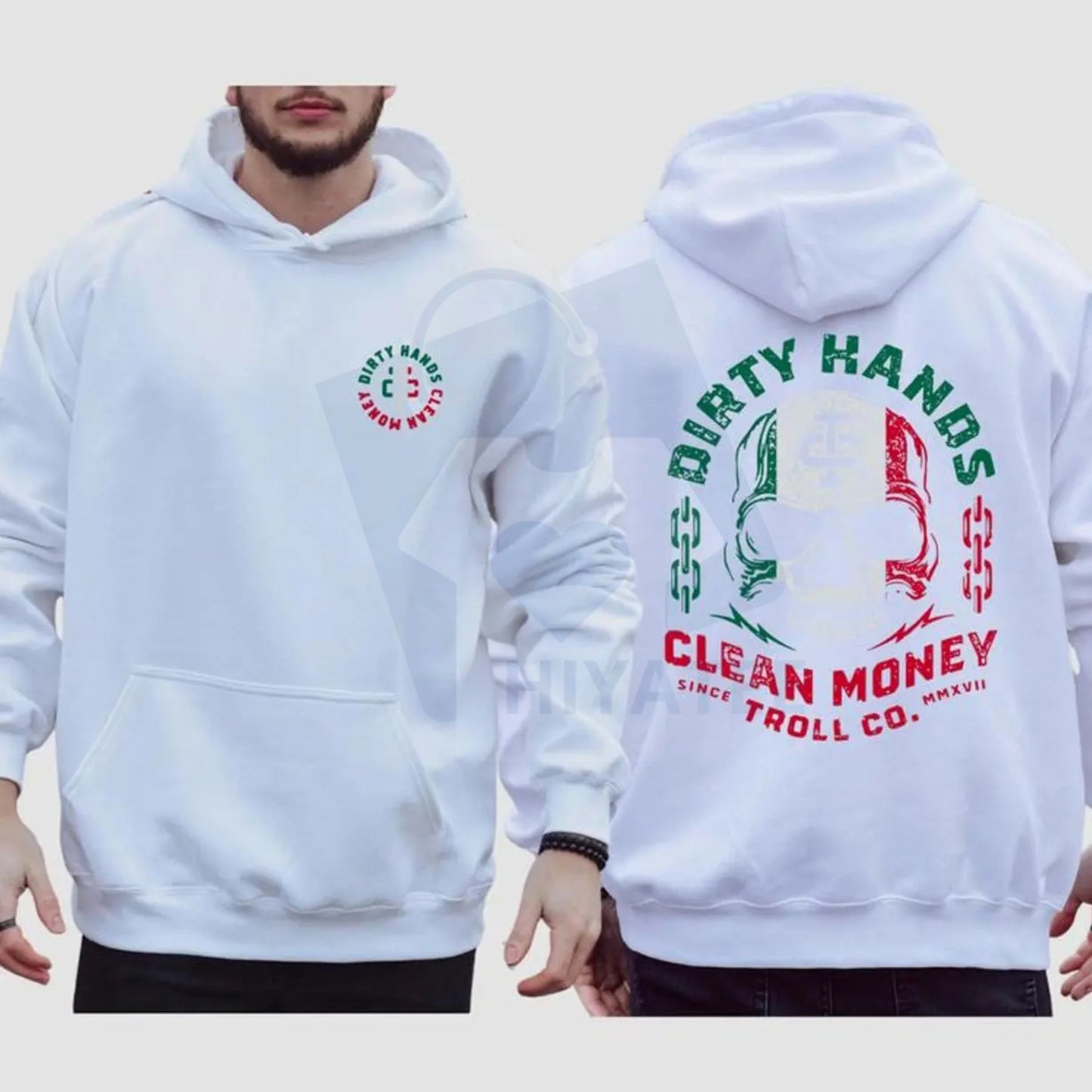 "Dirty Hand Clean Money" Mexican Flag Skull 2-Sided Hoodie - Hiyatee