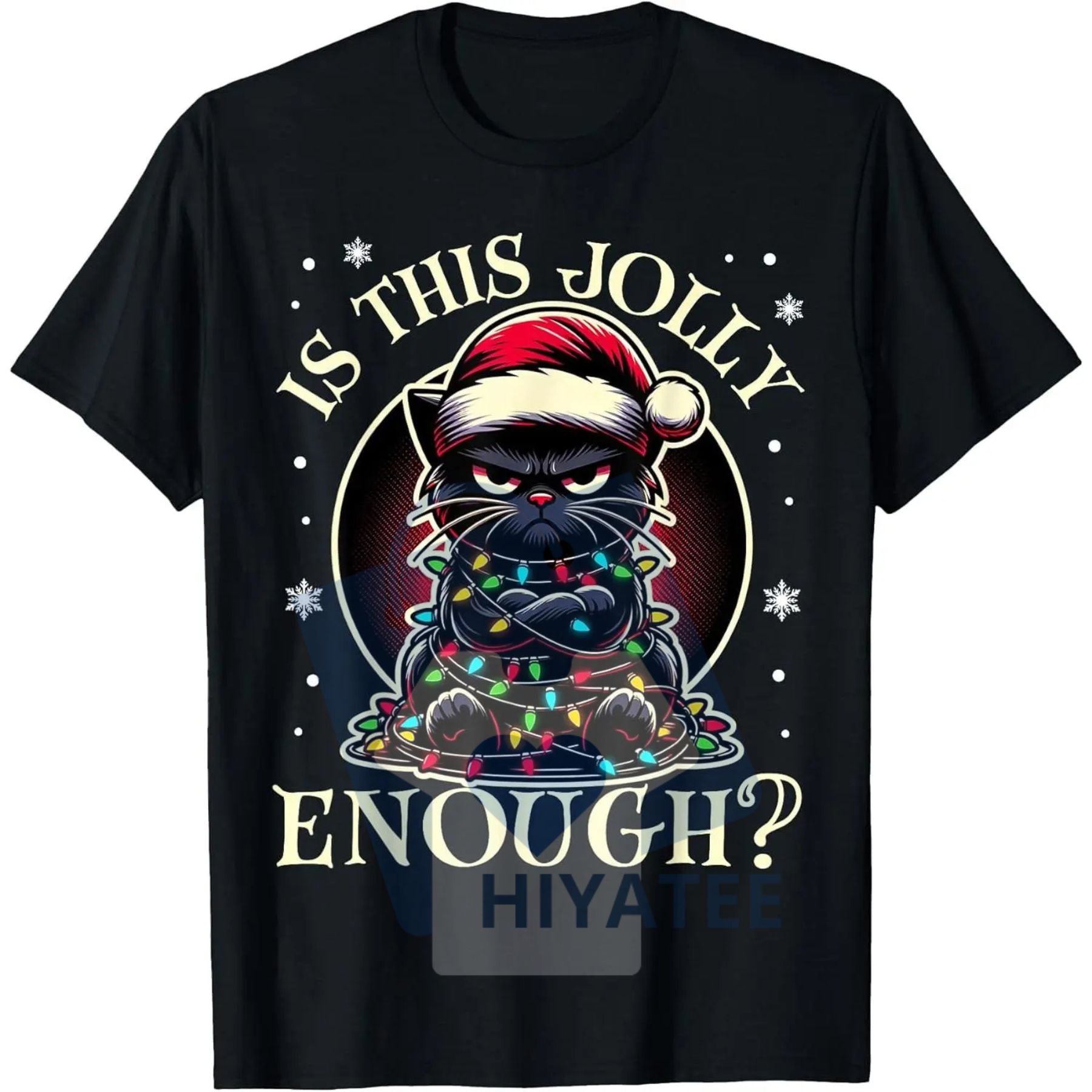 "Is This Jolly Enough" Funny Black Cat Christmas Tree Lights T-Shirt - Hiyatee