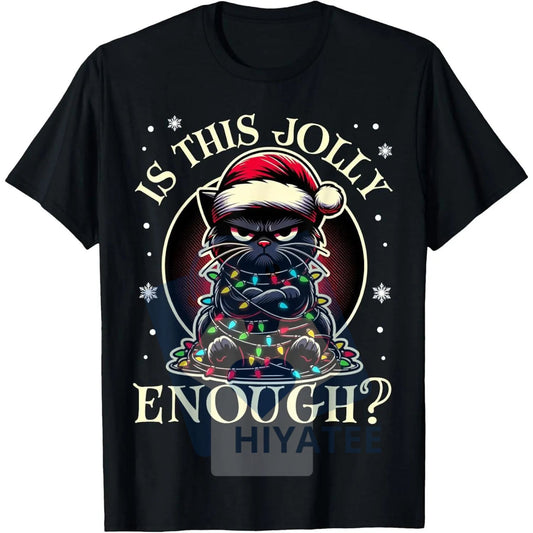 "Is This Jolly Enough" Funny Black Cat Christmas Tree Lights T-Shirt - Hiyatee