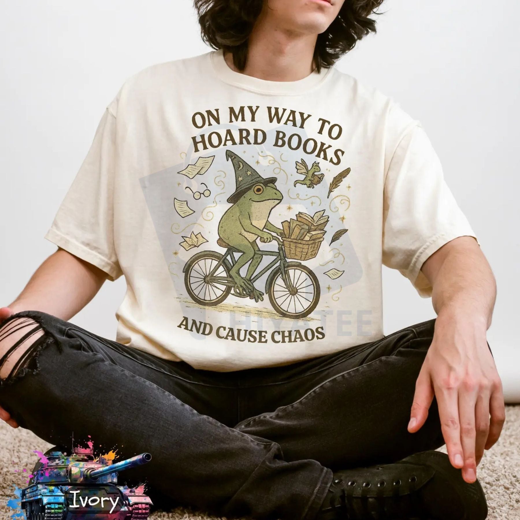 "On My Way To Hoard Books And Cause Chaos" T-Shirt – Tom Foolery Frog Tee, Funny Cottagecore Cozy Shirt - Hiyatee