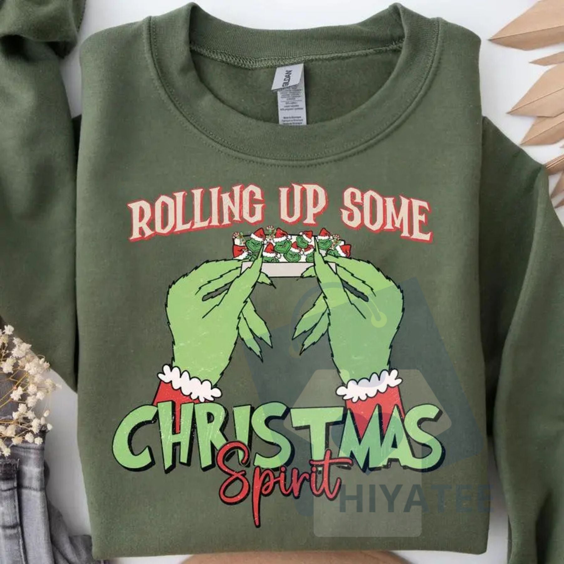 "Rolling Up Some Christmas Spirit" Sweatshirt – Funny Holiday Graphic Sweatshirt, Smoking Christmas Slogan Pullover, Edgy Xmas Gift - Hiyatee
