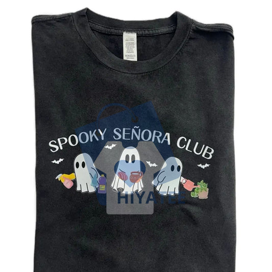 "Spooky Señora Club" Vintage Acid Wash T-Shirt – Unisex Halloween Graphic Tee - Hiyatee
