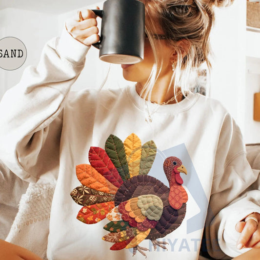 Thanksgiving Turkey Print Loose Sweatshirt: Cozy Fall Holiday Crewneck, Cute Oversized Autumn Pullover, Unisex Feasting Apparel - Hiyatee