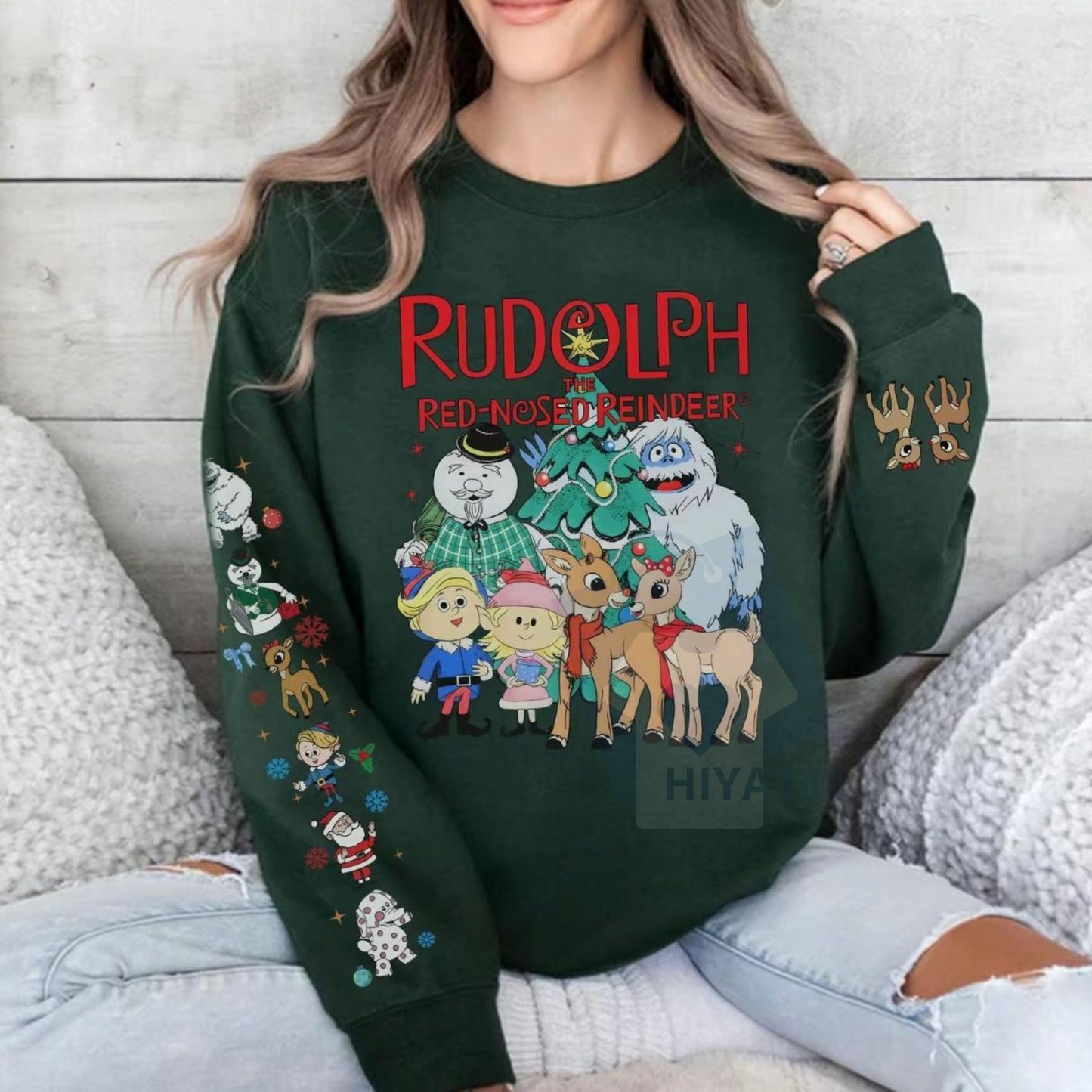 Ugly Christmas Sweater Rudolph Crewneck | Funny Red-Nosed Reindeer Top | Nostalgic Holiday Party Jumper-Hiyatee