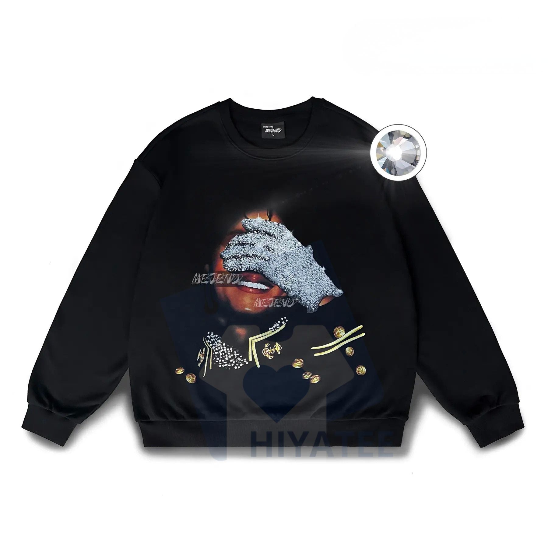 Unisex 100% Cotton Long Sleeve Sweatshirt: Sparkly Rhinestone Graphic Top, Oversized Streetwear Pullover, Casual Outfit - Hiyatee